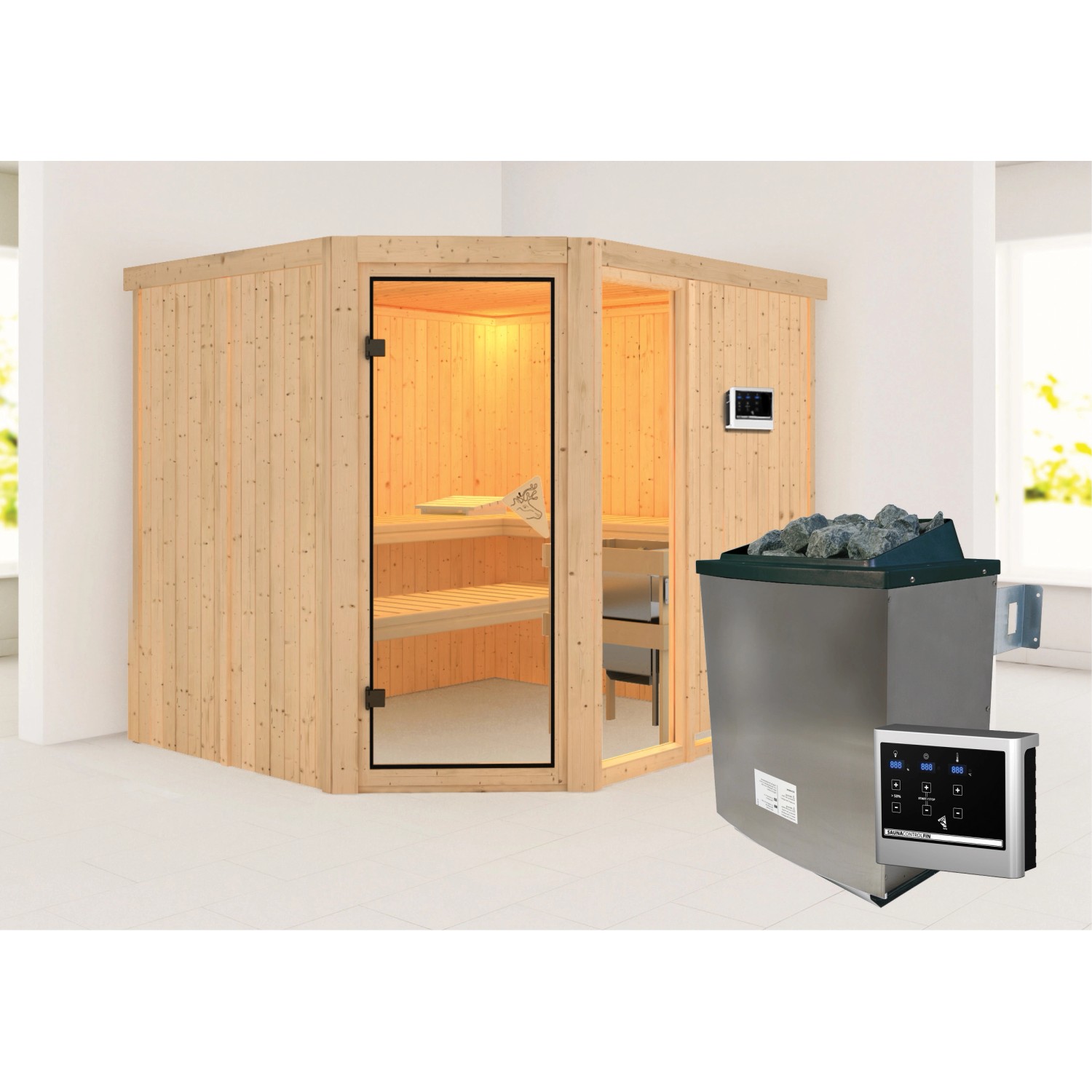 Karibu Sauna Freyja 3 Edelstahlmit Ofen externe Stg.Natur