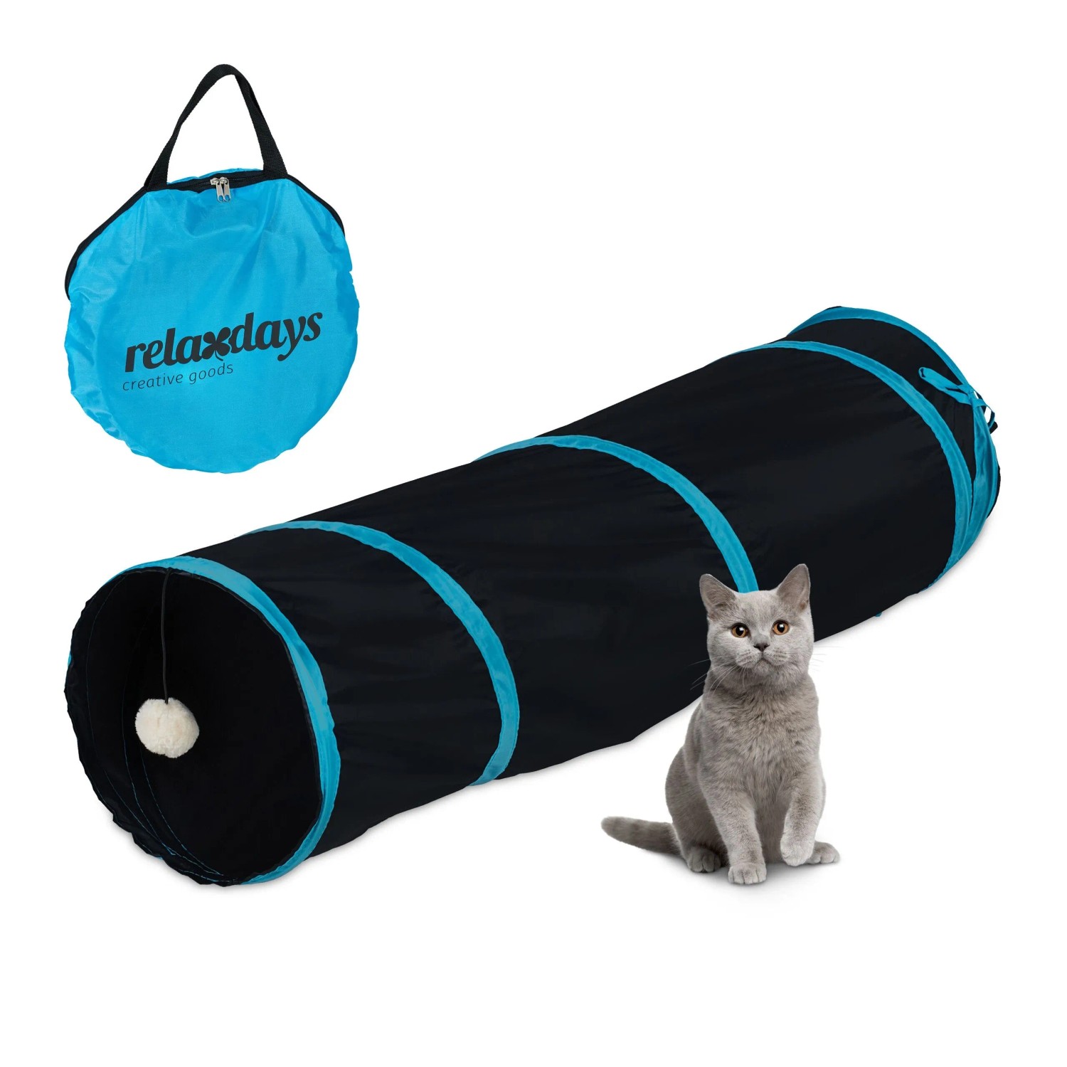 Relaxdays Katzentunnel mit Spielzeug Polyester Schwarz Faltbar 90 cm x 25 cm 190 g