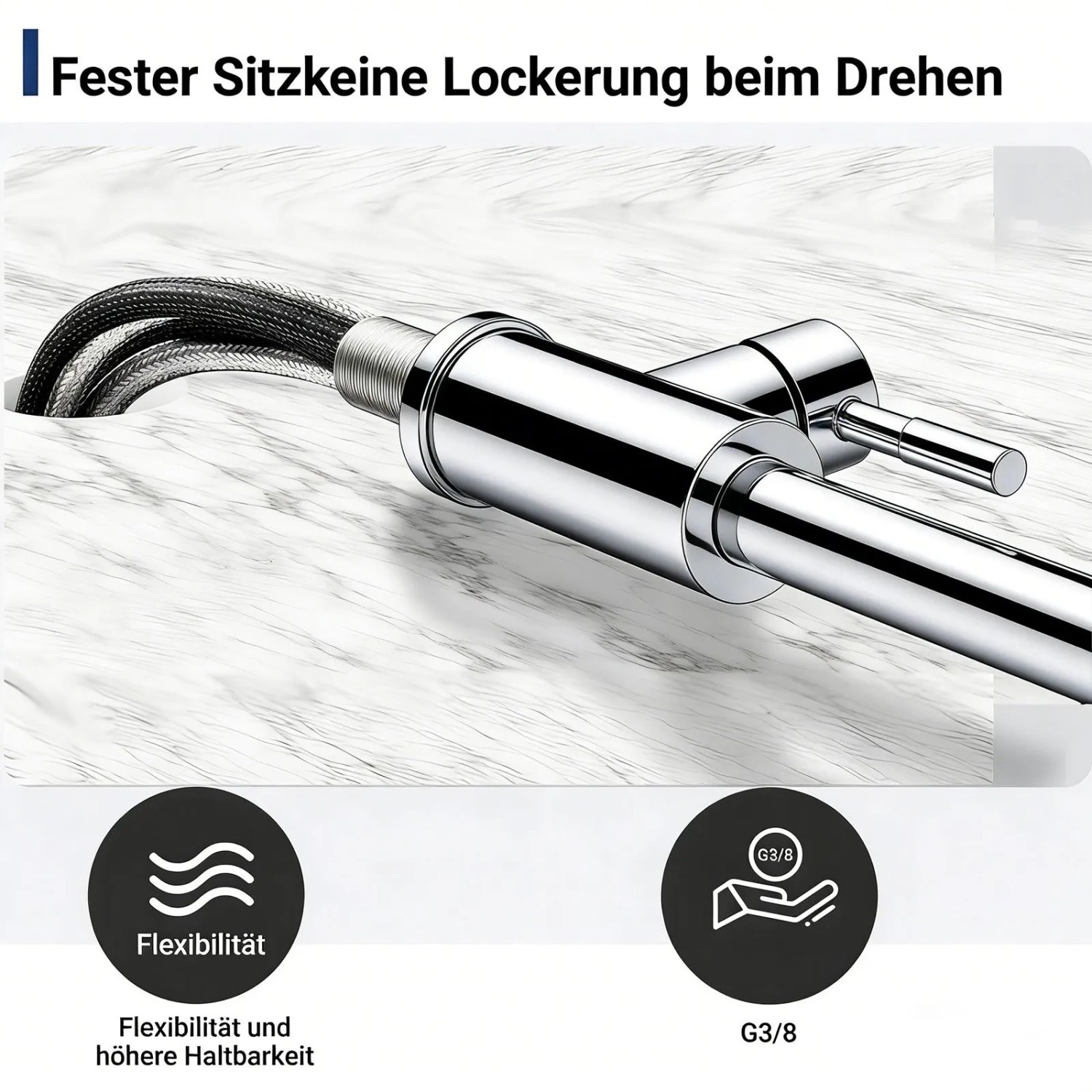 Detailaufnahme der AICA Küchenarmatur: Chrom-Einhebelmischer mit ausziehbarer Brause und flexiblen Anschlüssen.