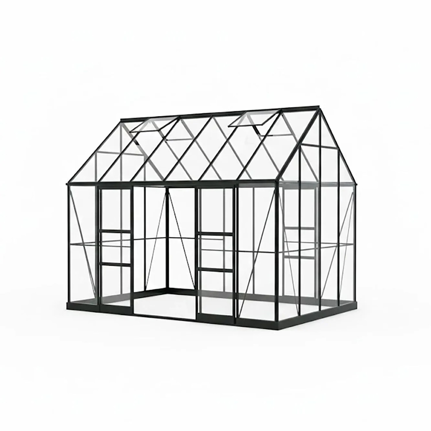 Halls Gewächshaus Icon Planthouse 8, grünes Haus mit transparenten Wänden und Dachfenstern.