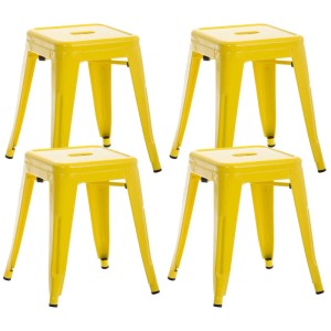 Vier gelbe Metallhocker mit quadratischer Sitzfläche und vier Beinen. Robustes 4er Set, stapelbar für vielseitigen Einsatz.