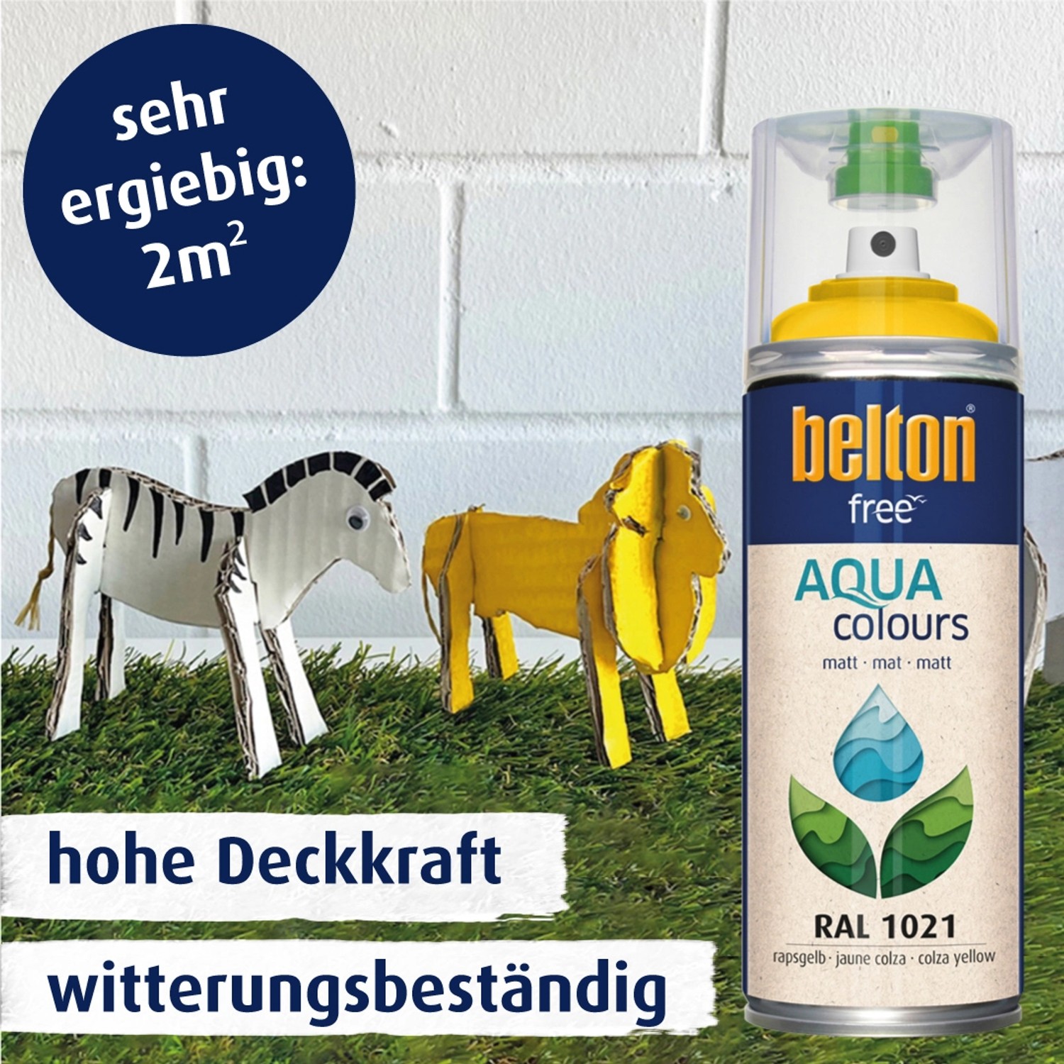 Belton Free AQUAcolours Buntlack RAL 1021 Rapsgelb matt, mit bemalten Zebra und Löwe Figuren.