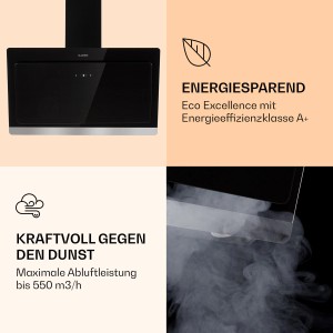 Schwarze Klarstein Aurora Eco 90 Kopffreihaube mit Ambientelicht und Glas-Design.