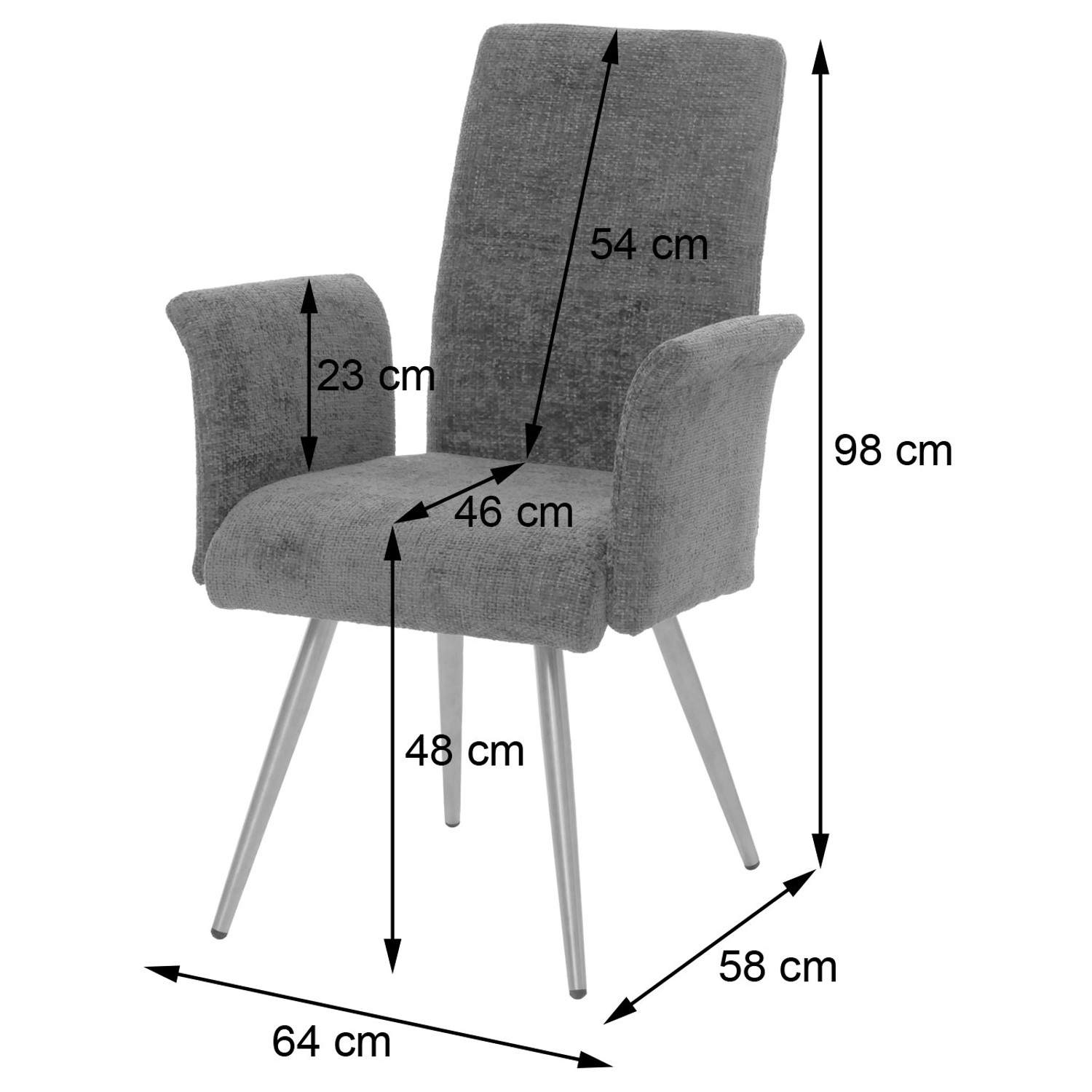 MCW Esszimmerstuhl G55 6er-Set, brauner Stuhl mit Armlehne, Chenille-Bezug und Edelstahlgestell.