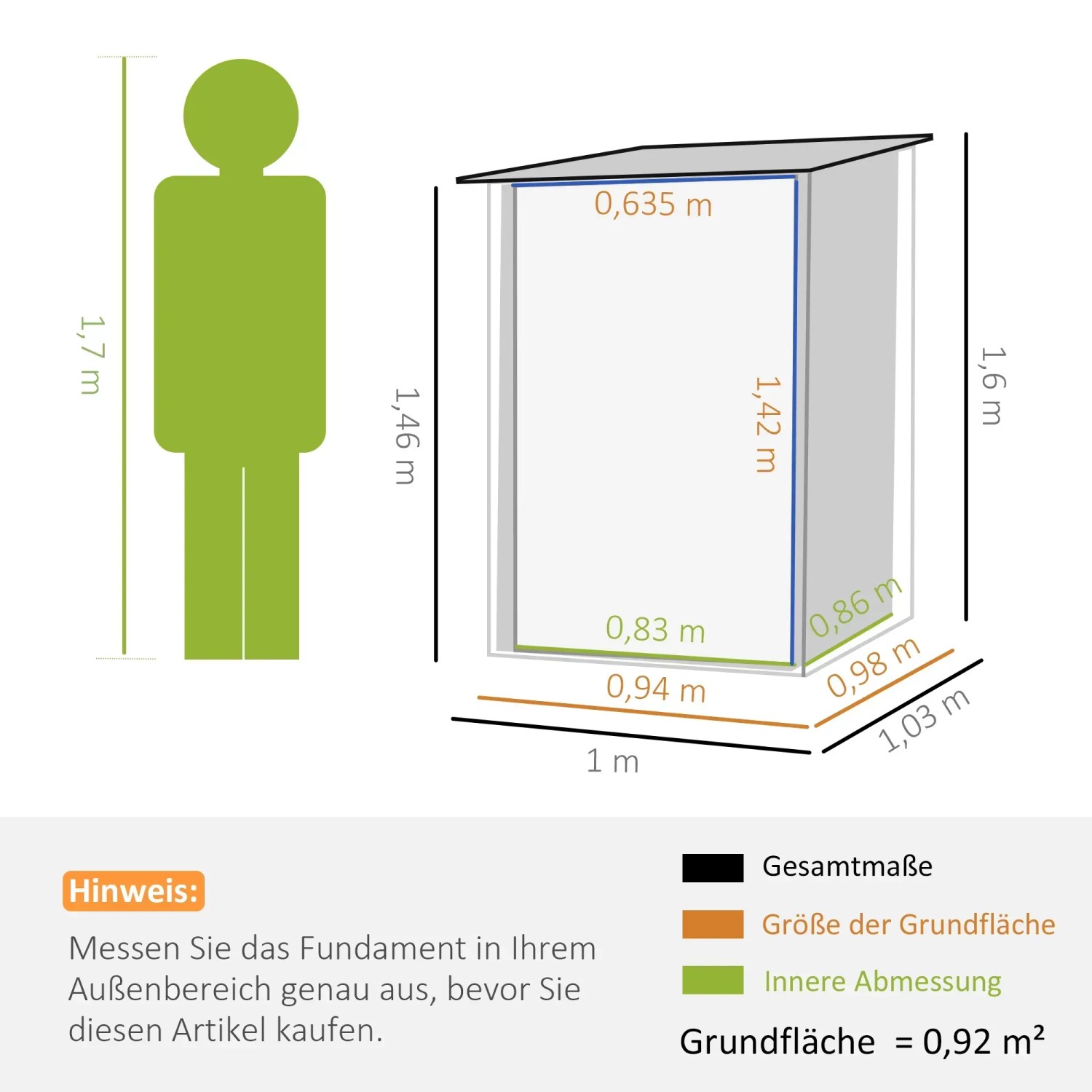 Skizze: Outsunny Gerätehaus aus Stahl, Maße 100x103x160cm, Pultdach, Grundfläche 0,92m².