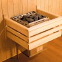 Detailaufnahme des Saunaofens der Weka Infrarotsauna Uppsala mit Saunasteinen.