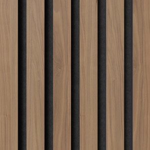 Akustikpaneel in Walnuss-Optik mit schwarzem Akustikfilz für Wandverkleidung, 119,8 cm hoch.