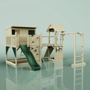 OutdoorToys Spielturm Isak Dunkelgrün mit Rutsche, Kletterwand und Hangelstange.