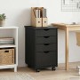 Eleganter grauer Rollschrank aus massivem Kiefernholz mit 4 Schubladen und versenkten Griffen. Praktischer Wohnzimmerschrank mit Rollen.