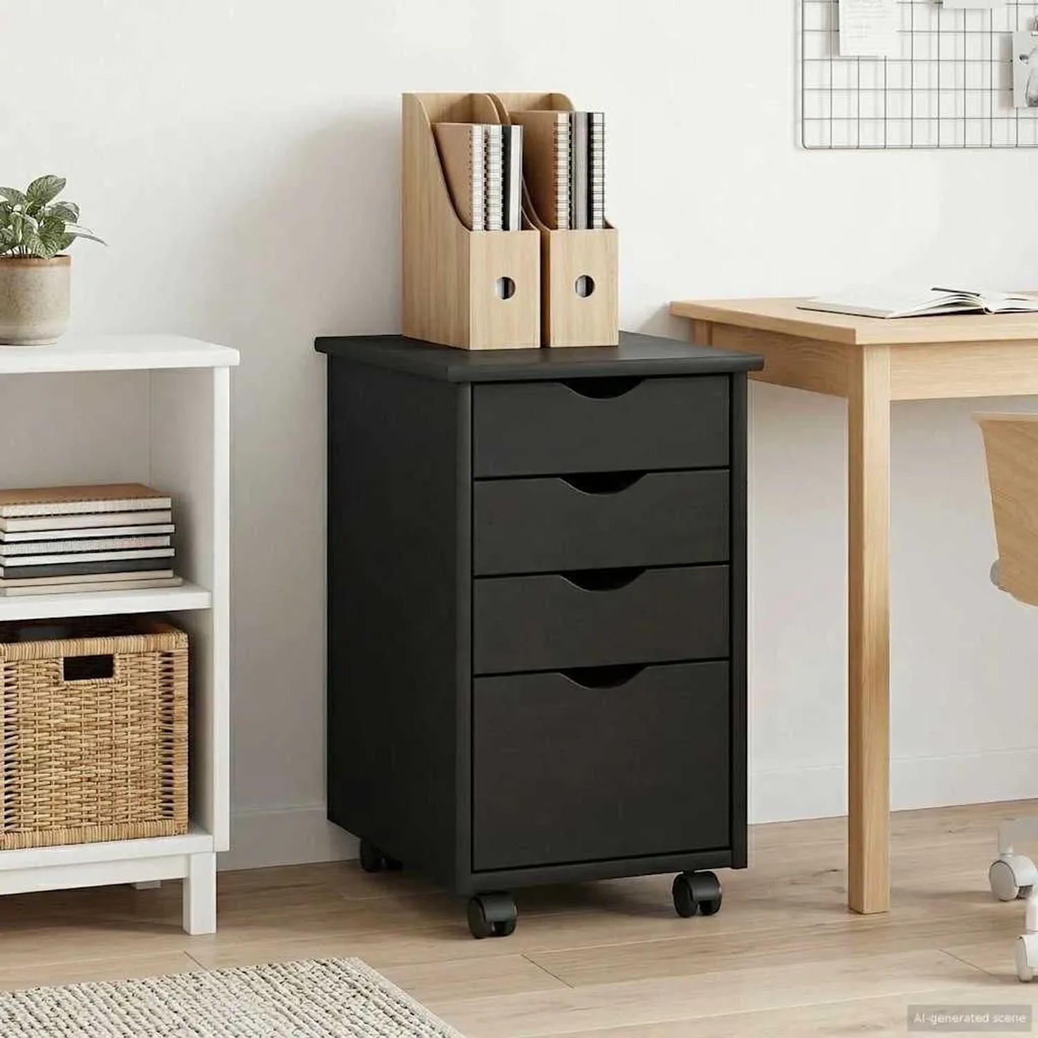 Eleganter grauer Rollschrank aus massivem Kiefernholz mit 4 Schubladen und versenkten Griffen. Praktischer Wohnzimmerschrank mit Rollen.