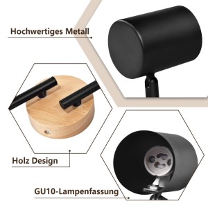 NETTLIFE Deckenstrahler: Schwarzer Metall-Spot mit Holzsockel und GU10-Fassung. Modernes Design.