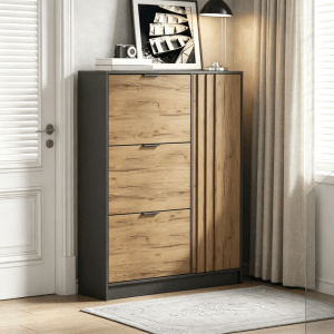 Merax Schuhschrank 100x30x130 cm in Naturholzoptik/Schwarz mit 3 Klappen und Tür für den Flur.