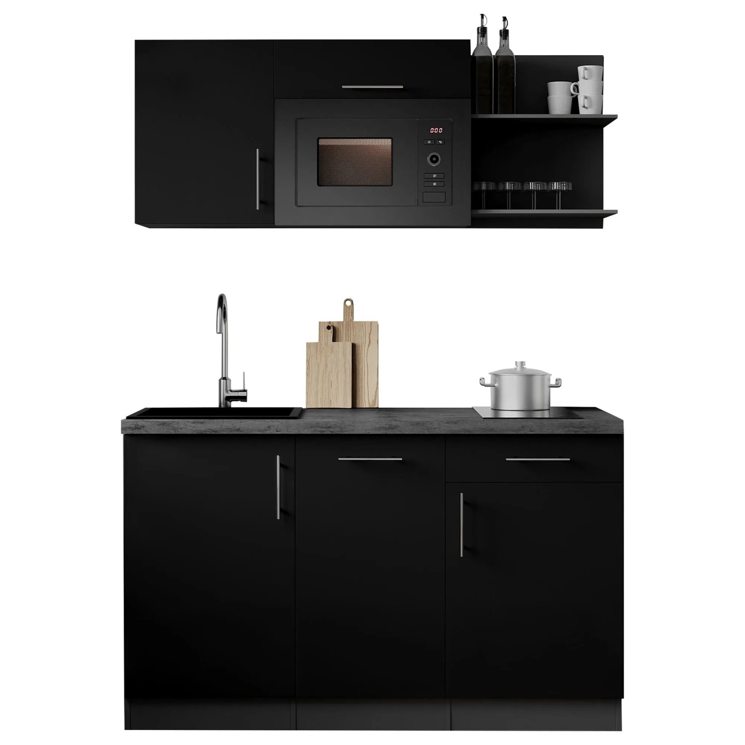 Respekta Singleküche Oliver 145 cm Schwarz Seidenglanz mit Mikrowelle