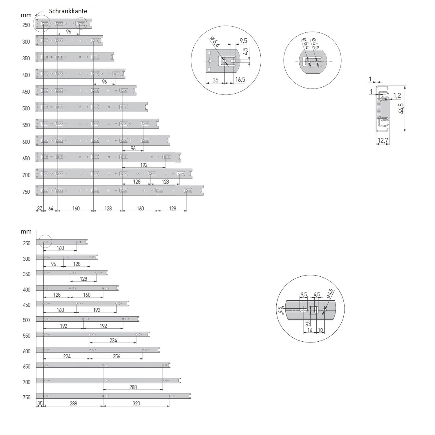 Technische Zeichnung: MS Beschläge Schubladenauszug Vollauszug verzinkt, verschiedene Längen und Detailansichten.