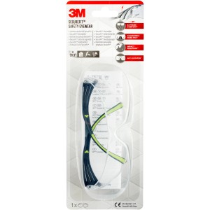 3M SecureFit 400 Schutzbrille mit transparenten Gläsern und grün-schwarzem Rahmen im Blister.