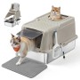 Beiges Katzenklo mit 2 Eingängen, Edelstahlboden, Streumatte. Eine Katze nutzt den Fronteingang, eine den oberen. Inset zeigt Reinigung.