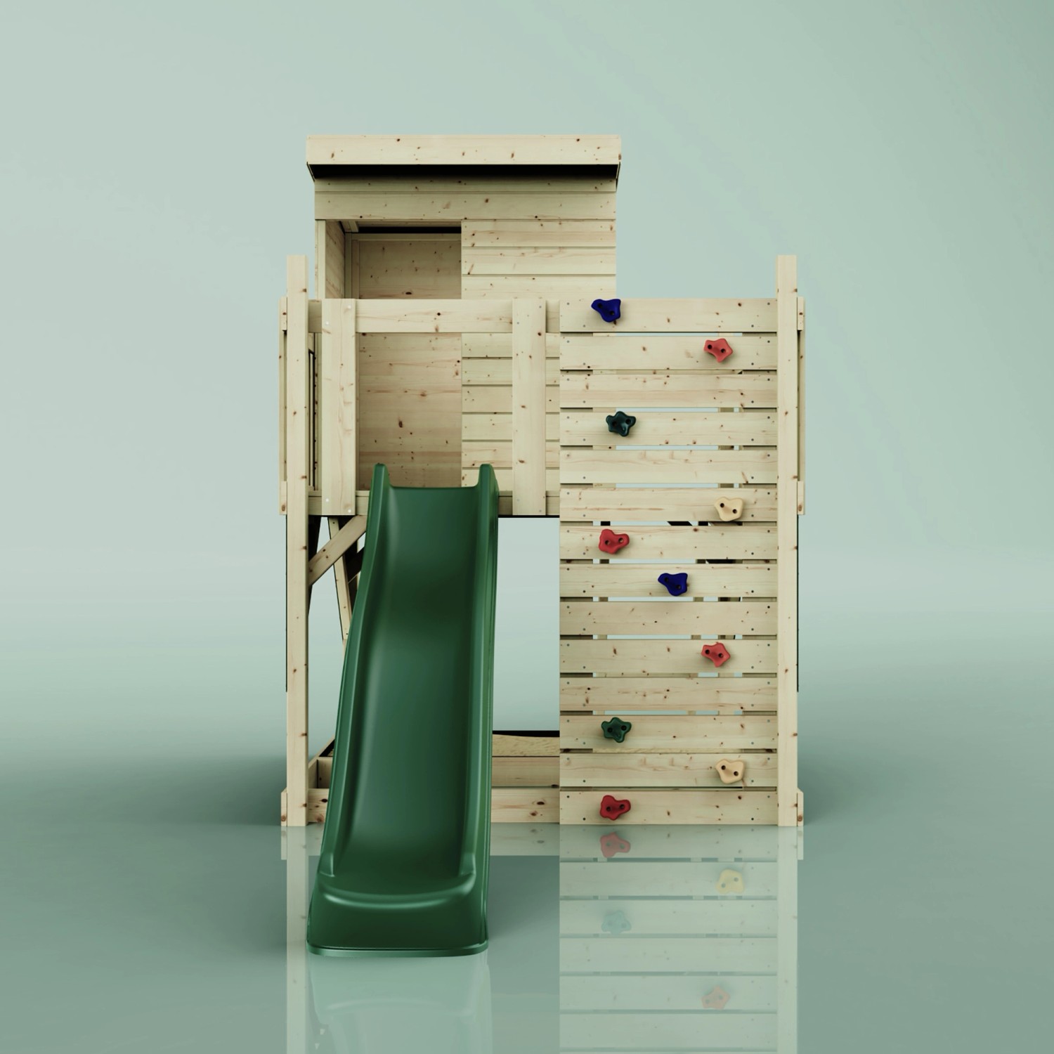 PolarPlay Stelzenhaus Polarlicht, dunkelgrün, mit Rutsche und Kletterwand.