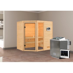 Karibu Sauna Jada mit Bio-Ofen und Eckeinstieg, aus Massivholz mit bronzierter Glastür.