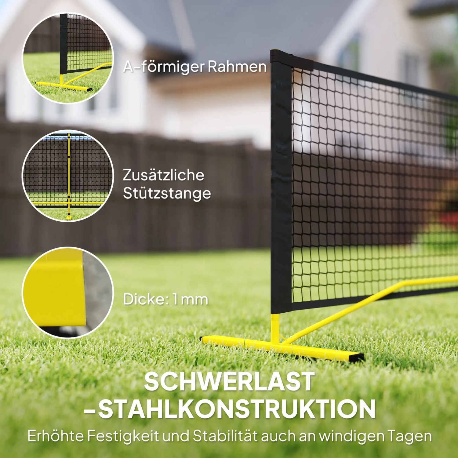 Schwarzes Pickleball Netz mit gelbem A-förmigem Metallrahmen auf Gras. Zeigt stabile Stahlkonstruktion und Stützstange.