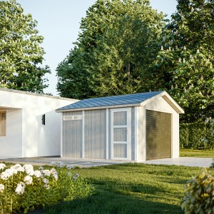 Timbela Garage Premium M990B in Natur, Fertiggarage mit Rolltor und Seitentür.