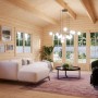 Innenansicht Palmako Irene Holz-Gartenhaus: Natur, unbehandelt, mit Satteldach und Einrichtung.