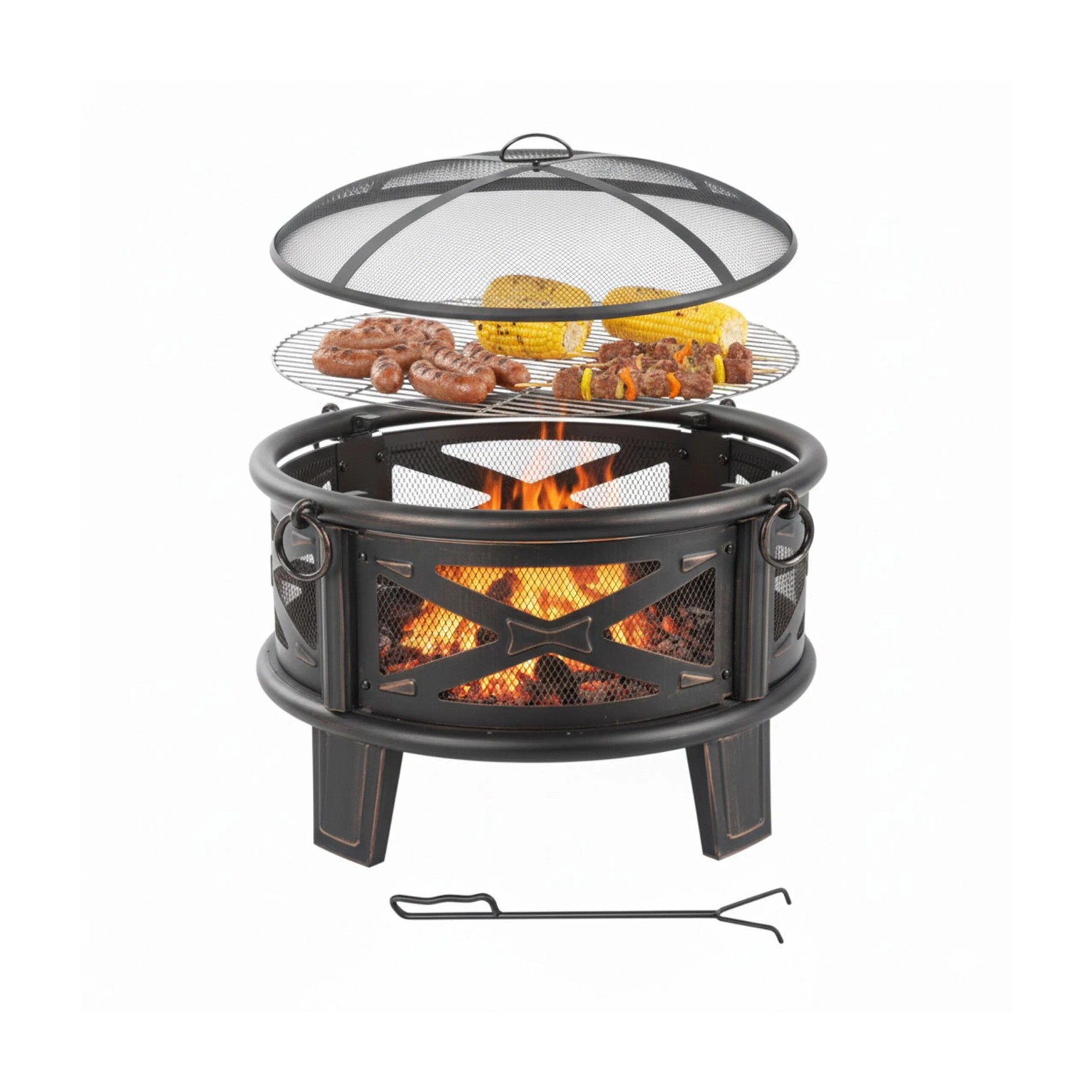 Relaxdays Feuerschale Stahl Schwarz Bronze mit Funkenschutz und Grillrost 58 cm x 66 cm 9,8 kg