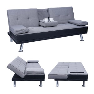 MCW 3er Sofa F60, schwarz/hellgrau, Kunstleder/Textil, mit Tassenhalter und Schlaffunktion.