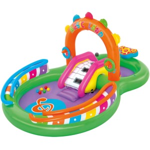 Bestway Sing n Splash Wasserspielcenter: grünes Planschbecken mit Klavier-Rutsche, Musikbogen und Kugelbahnen.