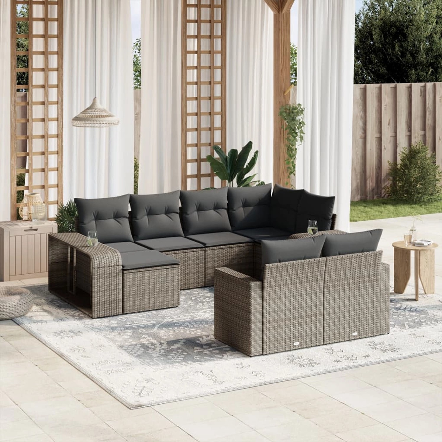 Graue 10-tlg. vidaXL Garten-Sofagarnitur aus Polyrattan mit Kissen auf Terrasse.