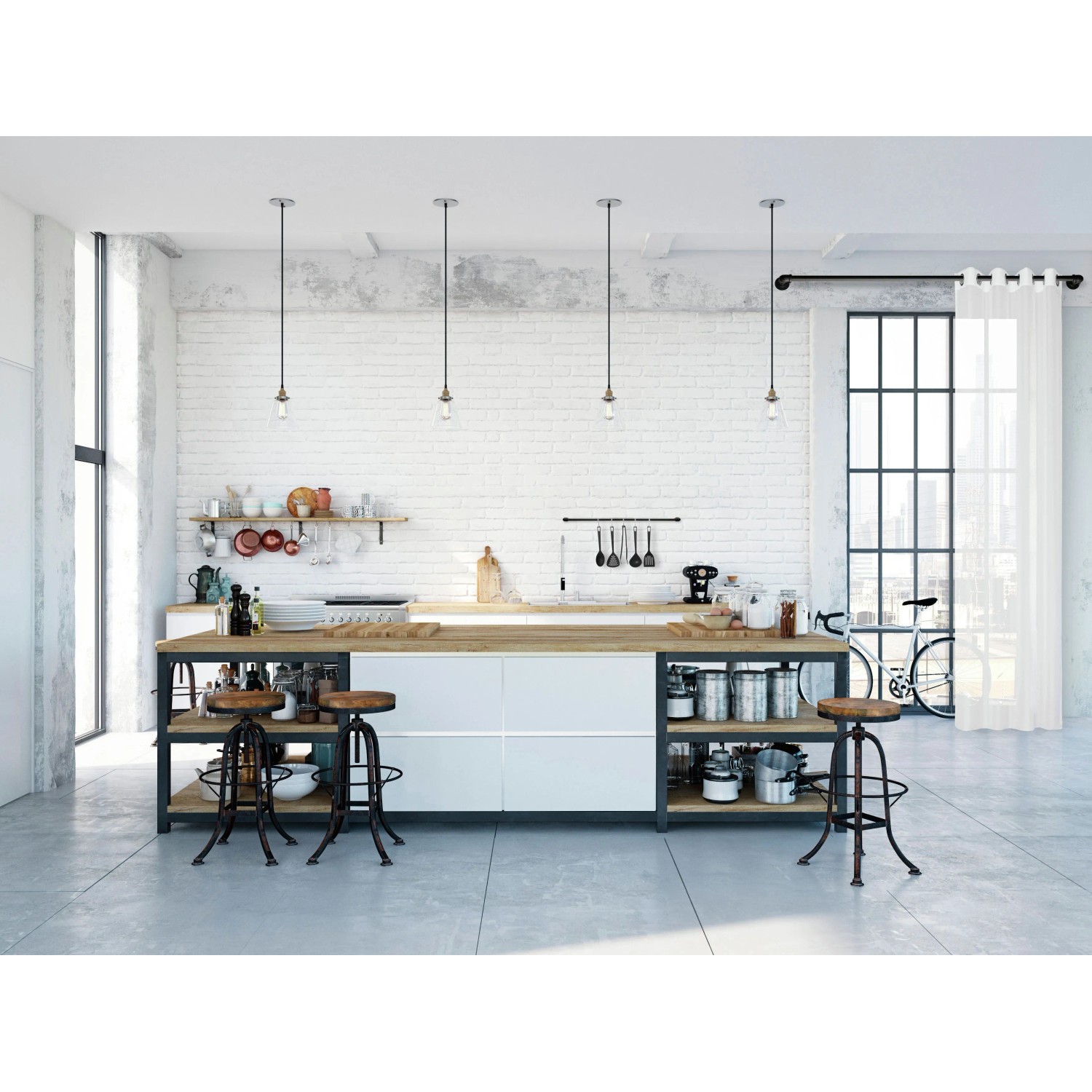 Gardinia Gardinenstange Industrial Home, Ø 25 mm, schwarz, 160 cm, im modernen Küchenambiente.