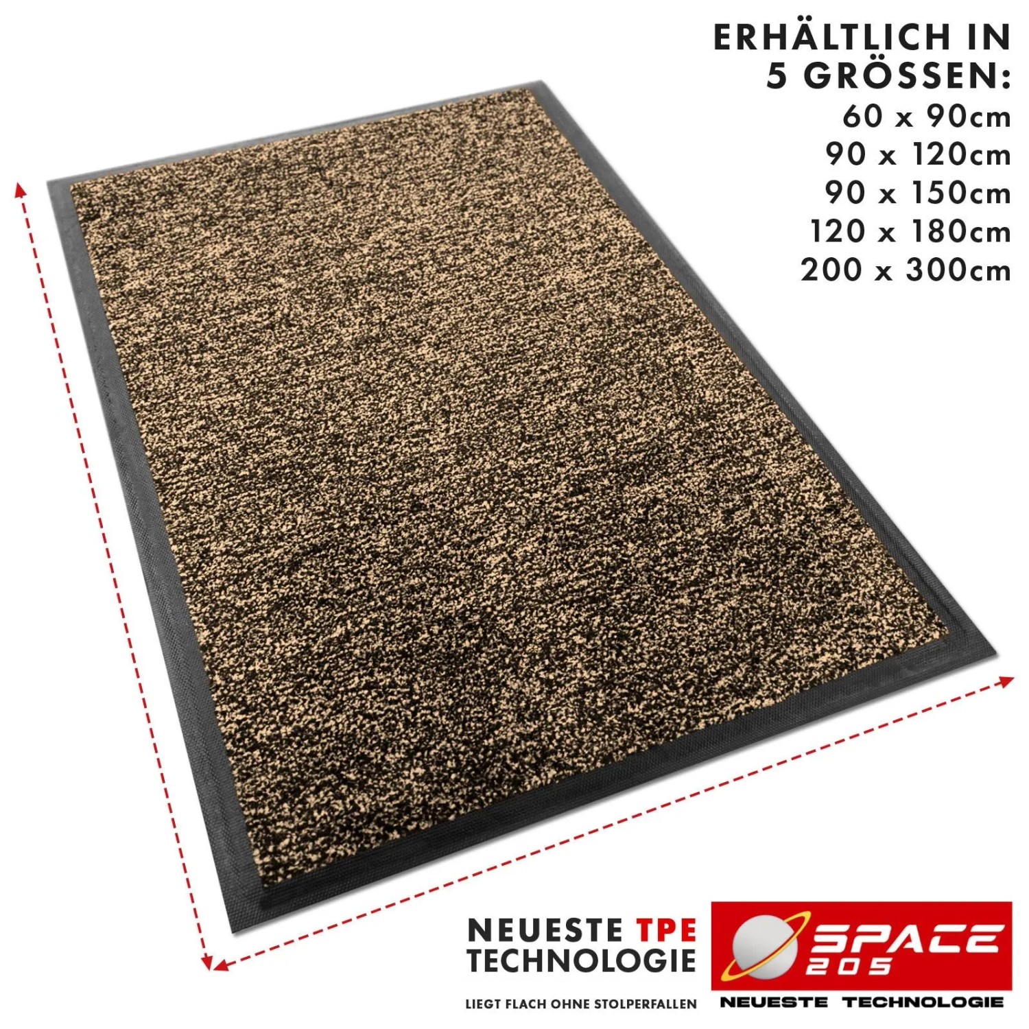 Ockerfarbene Floordirekt Space 205 Schmutzfangmatte, 90x120 cm, mit rutschfestem TPE-Rücken für Eingangsbereiche.