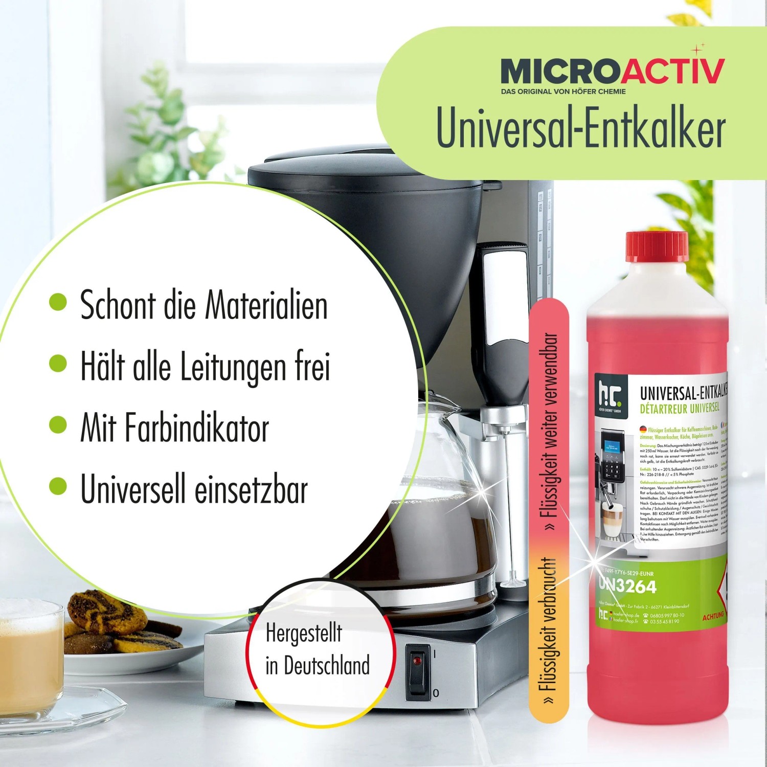 Microactiv Universal Entkalker 2x5l mit Farbindikator für Kaffeemaschinen und andere Geräte.