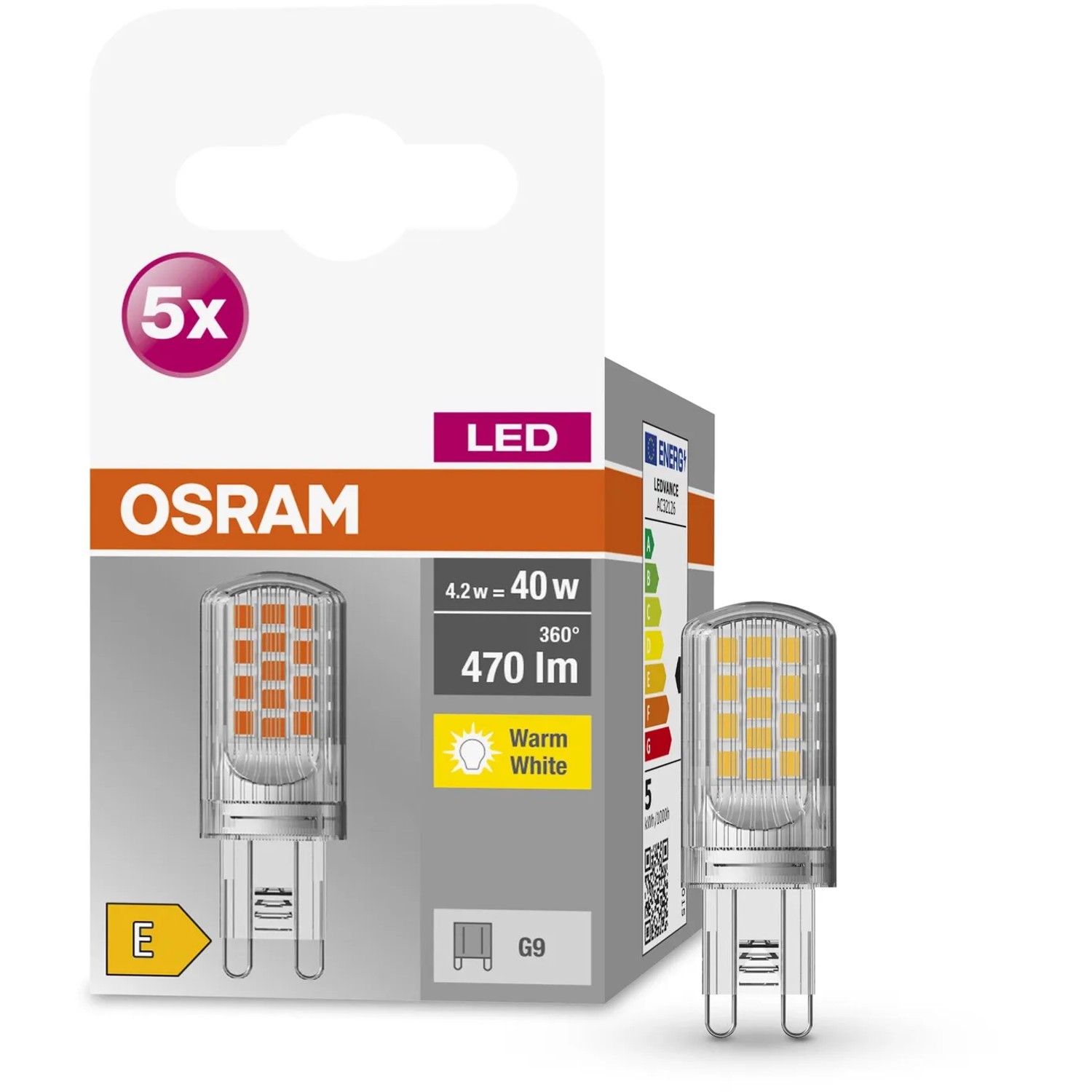 Osram G9 LED Leuchtmittel, 4,2 W, warmweiß, im 5er-Pack. Kompakte Bauform.