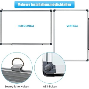 Costway Whiteboard Magnettafel 90x60cm mit Alurahmen, horizontal und vertikal montierbar.