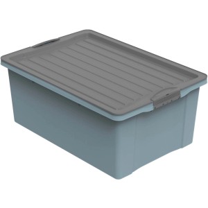 Blaue Rotho Stapelbox Compact A3 (38 l) mit grauem Deckel. Praktische Aufbewahrungsbox.