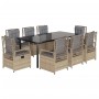 9-teilige Garten Essgruppe aus Rattan mit beigen Sesseln und schwarzem Tisch mit Glasplatte.
