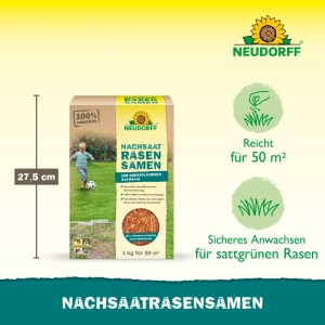 Neudorff Nachsaat-Rasensamen, 1 kg Packung. Schnellkeimende Rasensamen für dichten, grünen Rasen.