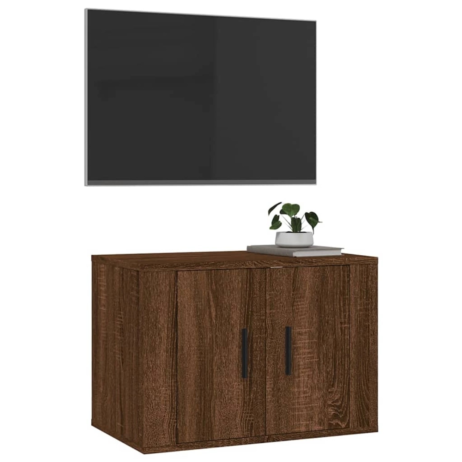 VidaXL TV-Wandschrank in Braun Eichen-Optik (57x34,5x40 cm) mit zwei Türen und Dekoration.