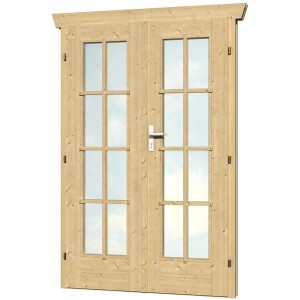 Skan Holz Doppeltür, vollverglast, 123,4x19,3 cm, für 28 mm Gartenhaus. Zubehör mit Echtglas.