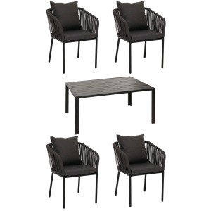 5-teilige Gartengarnitur MCW N41 in Anthrazit mit dunkelgrauen Kissen. Gartenmöbel-Set mit Tisch und 4 Stühlen.