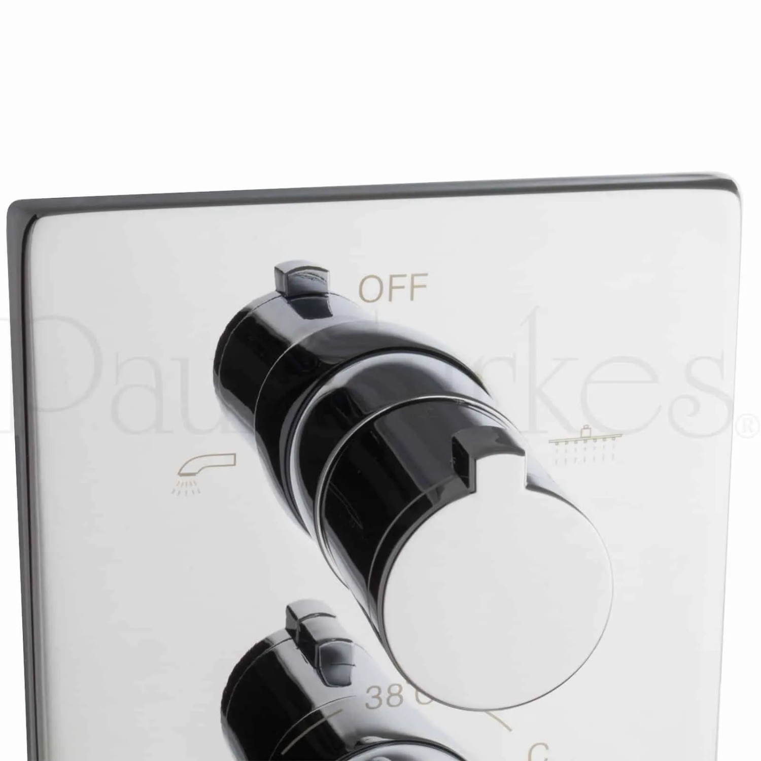 Detailaufnahme: PaulGurkes Thermostat Duschset, verchromte Armatur mit Temperaturregler.