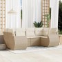 Beige 6-tlg. Garten-Sofagarnitur aus Polyrattan mit cremeweißen Kissen. Modulare Bauweise.