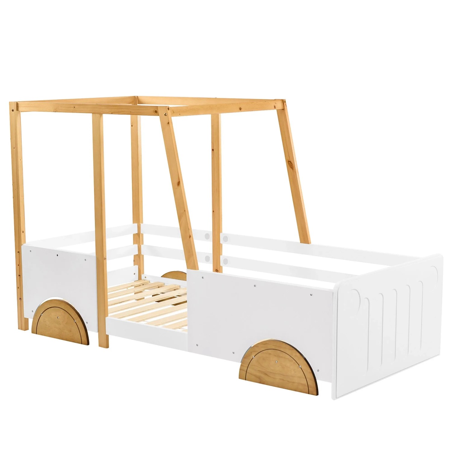 okwish Kinderbett 90x200cm mit Rädern Weiß Natur ohne Matratze