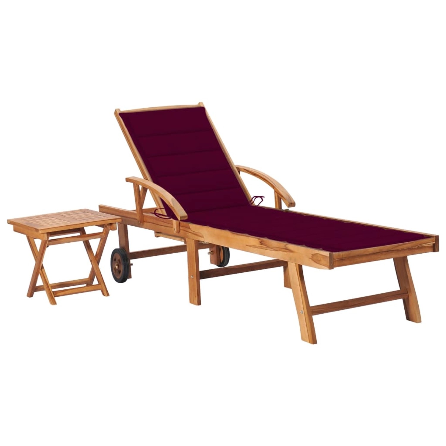 vidaXL Sonnenliege mit Tisch und Auflage Massivholz Teak Kissenfarbe  Weinrot
