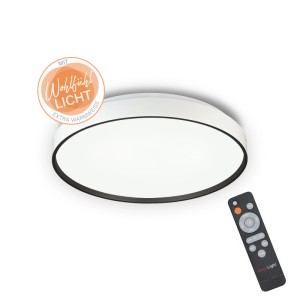 MegaLight Shining Jupiter LED-Deckenleuchte, rund, weiß mit schwarzem Rahmen, dimmbar, inkl. Fernbedienung für Farbtemperatur.