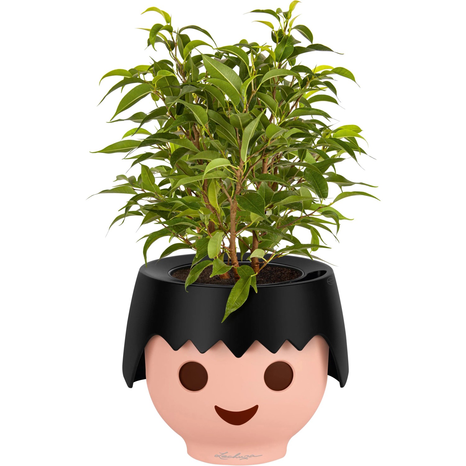 Lechuza Ojo Pflanzgefäß in Raven Black, 21 cm, mit Playmobil-Gesicht und grüner Pflanze.
