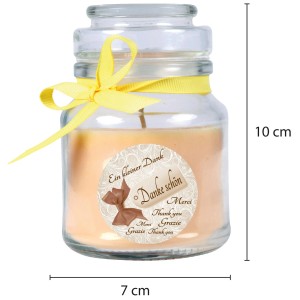 Gelbe Duftkerze "Danke" im Glas mit Vanilleduft, verziert mit Schleife.
