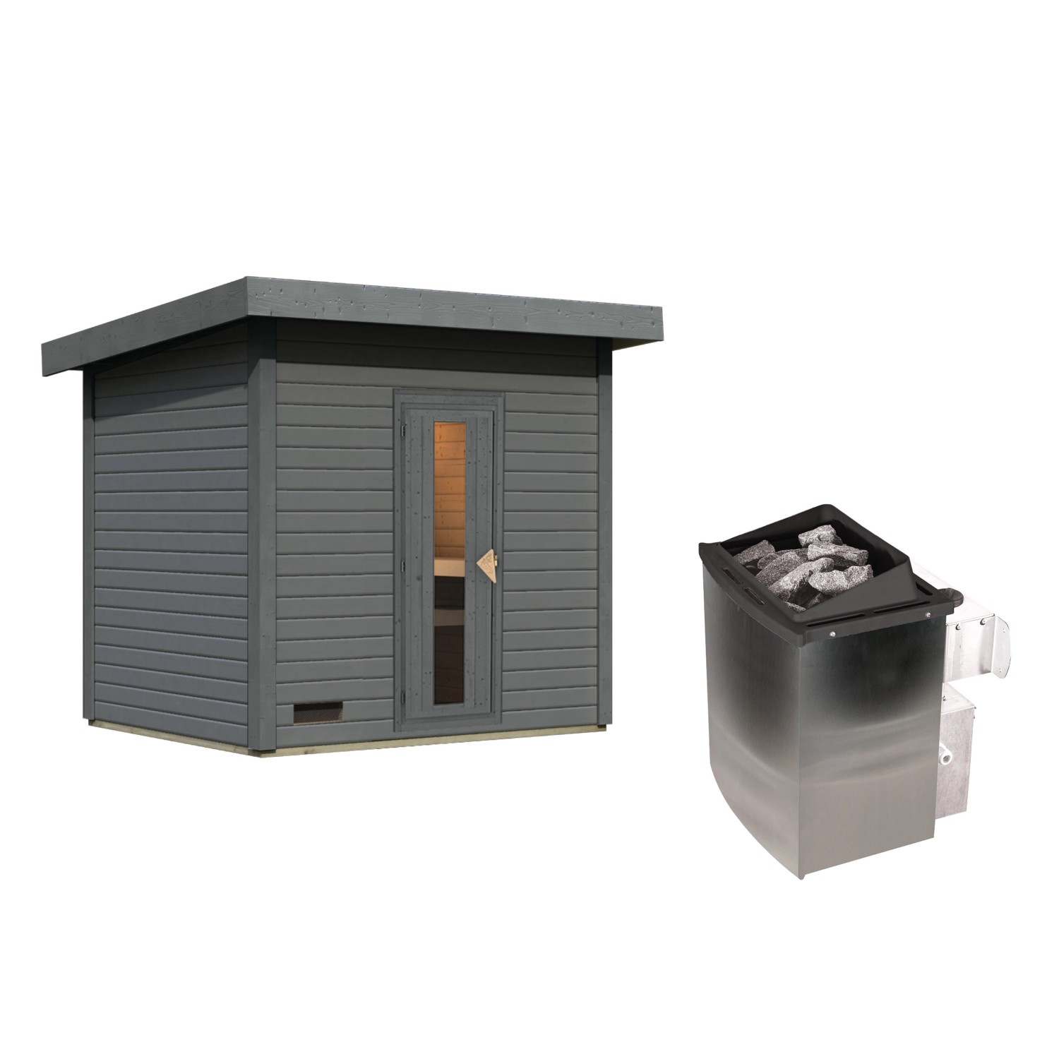 Karibu Saunahaus Arvi 3 Set, terragrau, mit 9 kW Ofen und integrierter Steuerung.