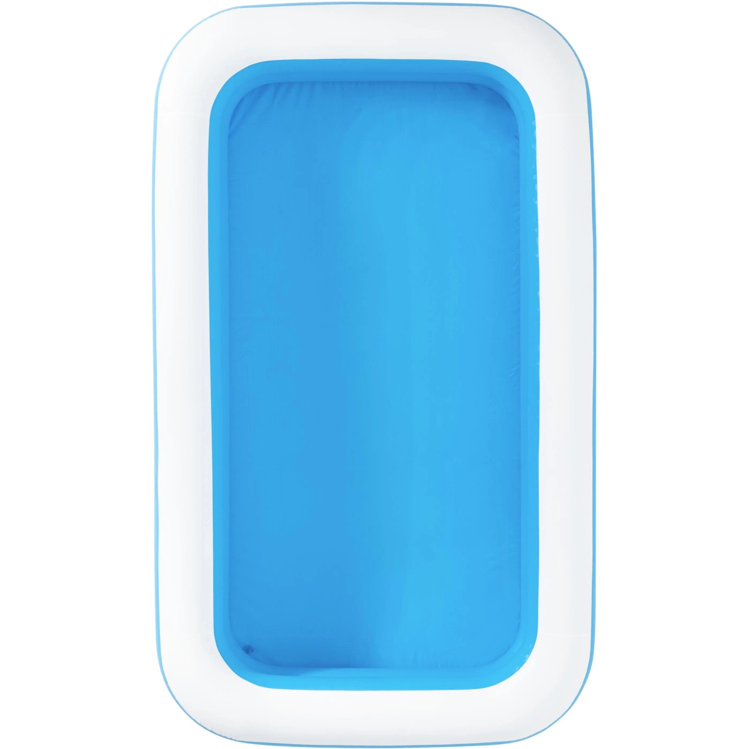 Blauer Bestway Family Pool, 305x183x46 cm, rechteckig, mit weißen Luftringen.