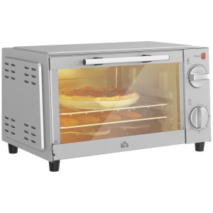 HOMCOM Minibackofen aus Edelstahl, silberfarben, mit Pizza im Innenraum.
